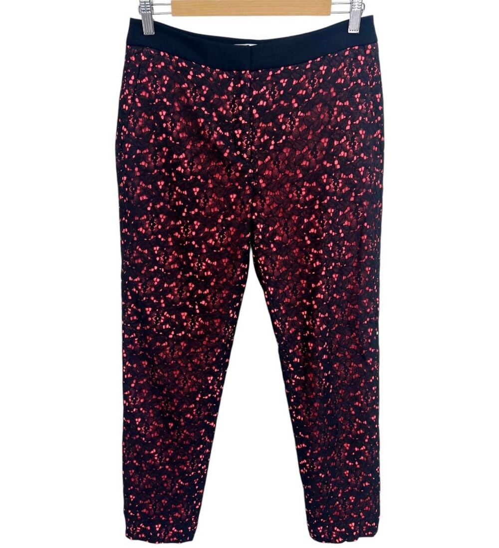 Sandro Crop Lace Overlay Tapered Pants Black Pink Pockets Dentelle Sz 38 US 6